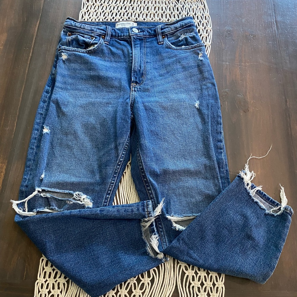 Abercrombie & Fitch Dark Blue High-Rise Distressed Jeans